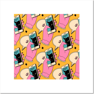 Boop Nose Black Cat Pattern in yellow Posters and Art